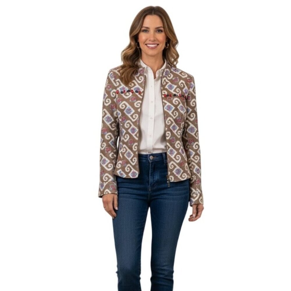 Southwestern Boho Art To Wear Embellished Jacket Size 6 Zip Up IKAT